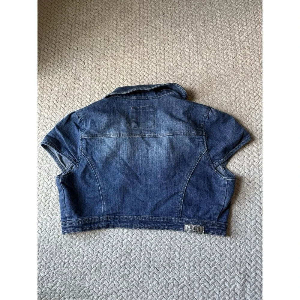 Girls Justice Denim Cropped Denim Short Sleeve Jacket With Rhinestones Sz 16/18